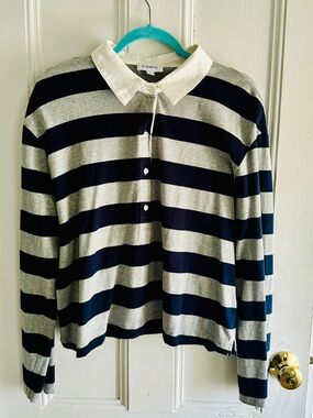 Evereve Navy & Gray Striped Collared Long-Sleeve Top Size XL